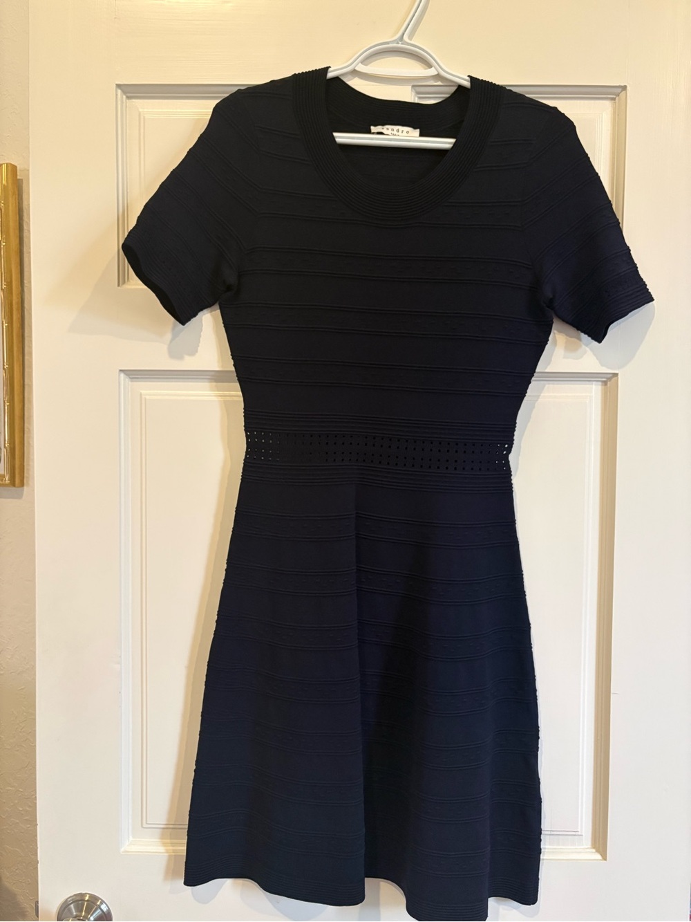 Sandro Navy Short-Sleeve Textured Fit-and-Flare Mini Dress